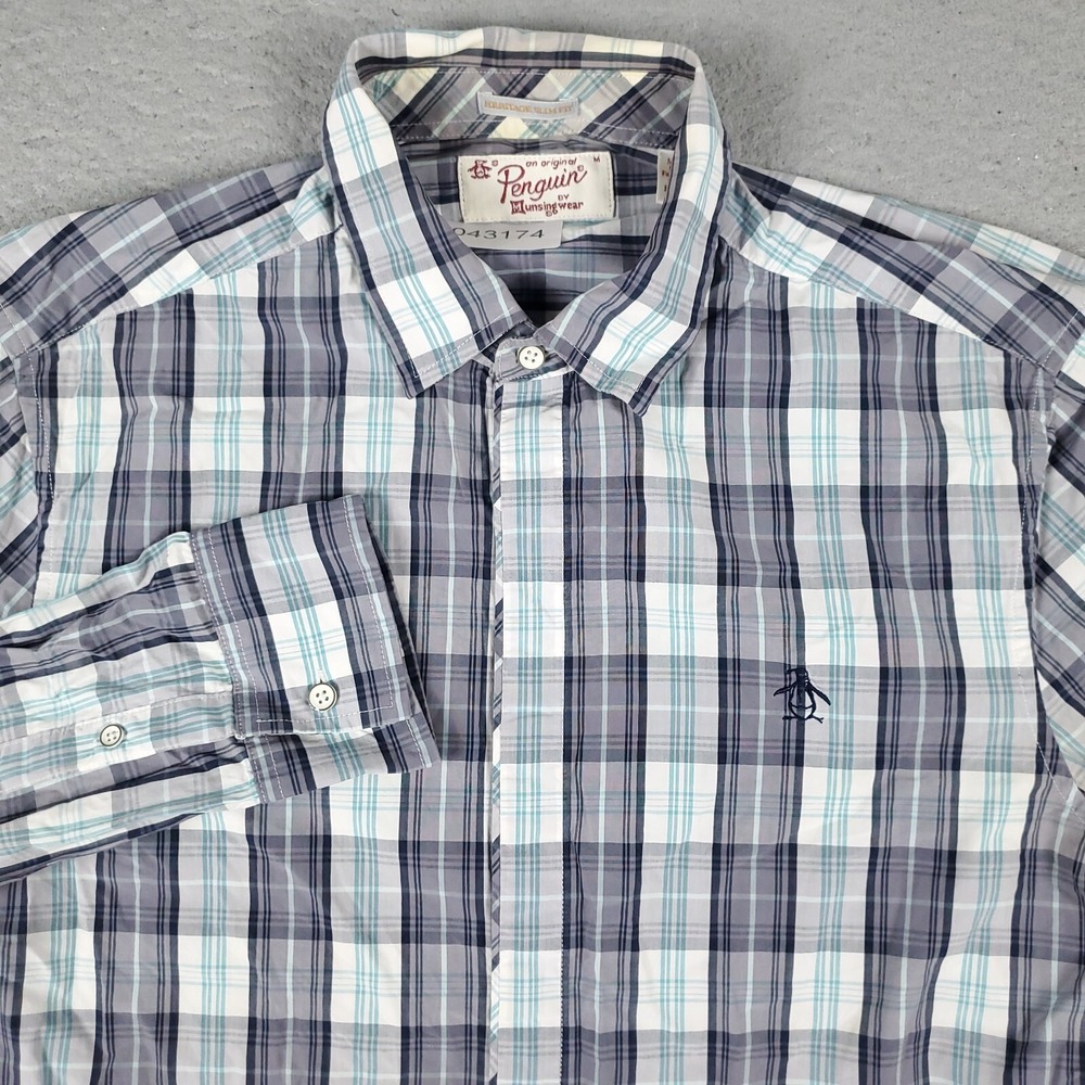 Original Penguin Munsingwear Mens Medium Blue Plaid Button Up Shirt Long Sleeve